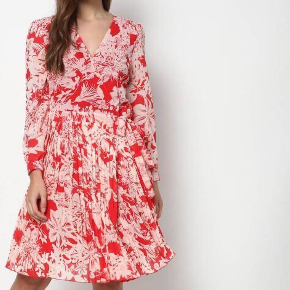 Harpa red white floral print wrap around pleated dress Sz S